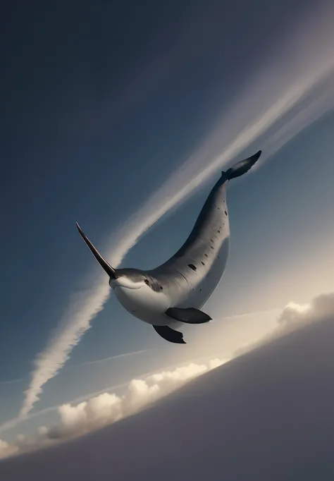 There is a black-and-white photo of a narwhal in flight, narwhal, subreddit / r / whale, flying whale, whale, ivan seal, space magical whale, space whale, marine animal, [ Realistic photo ]!!, isolated on a white background, Fluttering cattle nets, author：...