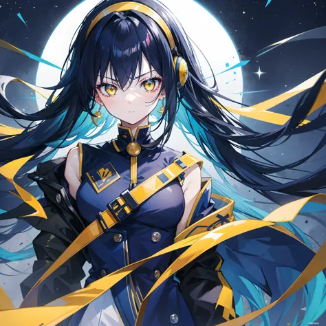 dark blue hair, hair spread out, expressive hair, shiny hair, absurdly long hair, bangs pinned back, head mounted display, behind-the-head headphones, yellow hairband, glowing eyes, yellow eyes, pupils sparkling, color contact lenses, earrings, serious, de...