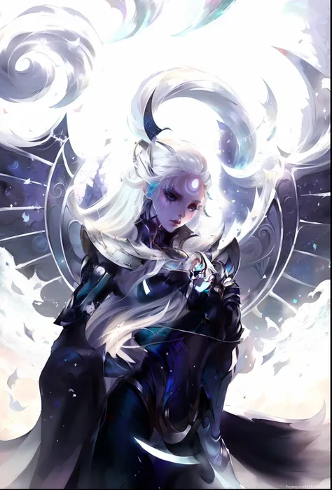 anime - imagem de estilo de uma mulher com cabelo branco e uma capa preta, cosmic tiefling d&d, mago celestial lindo, neoartcore...