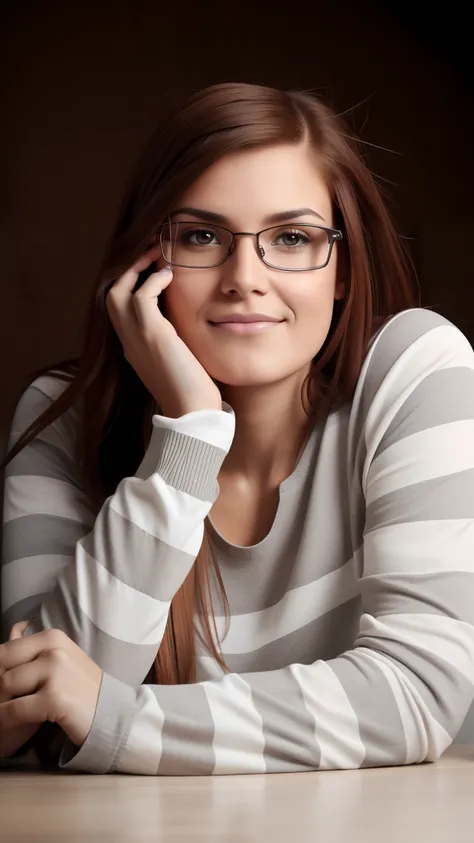 a women chestnut hair with brown eyes with serious face and her hands on the table, facing and looking at the camera, with glasses