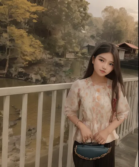 there is a young girl standing on a bridge with a purse, nivanh chanthara, dang my linh, photo taken in 2 0 2 3,assamese, picture, nuttavut baiphowongse, assamese aesthetic, thawan duchanee, 2 4 years old, scenary, 2 7 years old