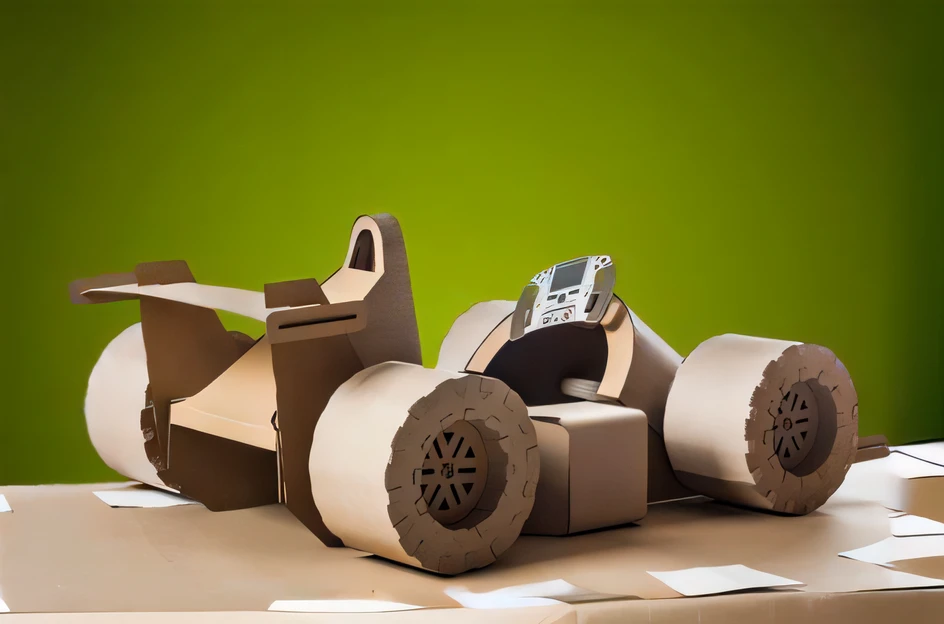 There is a cardboard car that looks like a car, made of cardboard, Cardboard tunnel, carton, Robots made of cardboard boxes, pod racer, Cut out from cardboard, Innovative, papercraft, racer, paper craft low poly, Paper, f 1, racer, paper modeling art, toy ...