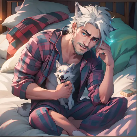 athletic Male with light beard, has flowing white hair, has wolf ears, has wolf tail, shirtless, playful, solo, alone, has goofy look on his face, has bright blue eyes, wearingg plaid pajama pants, relaxing on a bed,