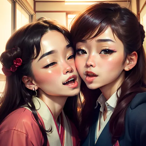 A beauty kisses a beauty（Tongue wrapping）Japanese dormitory background