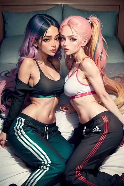 Two women kissing and lying in bed wearing Adidas Baggy pants, cabelos multicoloridos, olhos multicoloridos, anatomia correta, preciso, Super Detalhe, melhor qualidade, pele texturizada, retina correta, Eye correction, beijo realista, corpo inteiro, estilo...