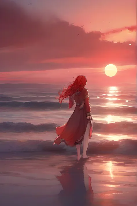 A seaside，one-girl，Stand on the beach and watch the sunset，looks into camera，red tinted hair，超高分辨率，8K,high qulity，