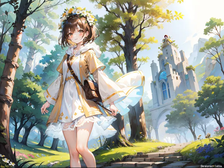 Beautiful girl with brown hair，Wears a white and brown hooded tunic，Bare legged，Brown high heels，Wear a circle of flowers and plants on your head，short detailed hair，Stand among the sunny mountains and forests，With a smile