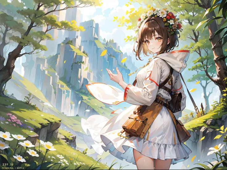 Beautiful girl with brown hair，Wears a white and brown hooded tunic，Bare legged，Brown high heels，Wear a circle of flowers and plants on your head，short detailed hair，Stand among the sunny mountains and forests，With a smile