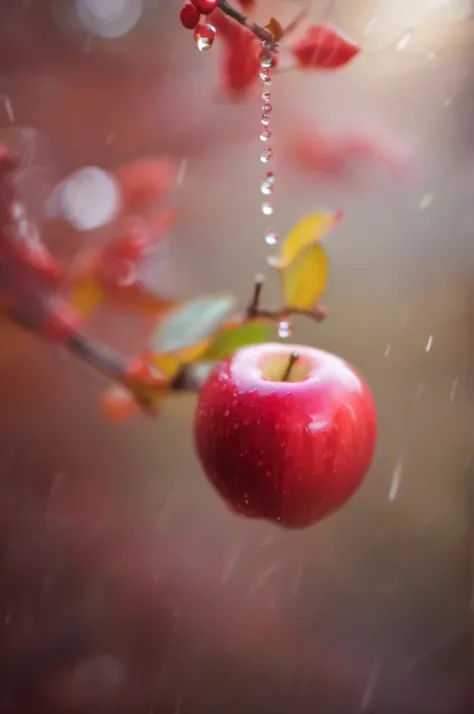 Fantasy, photorealism, art, image, dreamlike, apple, close-up, glistening red skin, dewdrops, surreal atmosphere, ethereal lighting, enchanted perspective, whimsical twist, soft focus, vibrant colors, magical ambiance, floating in mid-air, misty dreamscape...