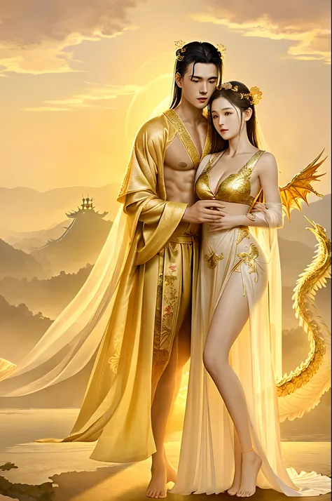 (couple cuddling) rough man Zeus muscles naked, beautiful, sexy, bare breasts, cleavage, bare legs, see-through, standing, hanfu, wet, clear, realistic, highest detail, Chinese mythology, dragon pattern, phoenix, sacred, holy, golden mountains, heavenly pa...