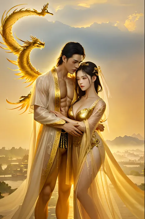 (couple cuddling) rough man Zeus muscles naked, beautiful, sexy, bare breasts, cleavage, bare legs, see-through, standing, hanfu, wet, clear, realistic, highest detail, Chinese mythology, dragon pattern, phoenix, sacred, holy, golden mountains, heavenly pa...