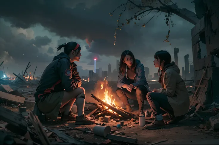 Amidst the ruins of a once-thriving city, a small group of survivors huddle around a makeshift campfire, their faces illuminated by the warm glow, dark clouds loom overhead, hinting at an impending storm, Illustration, digital art with attention to facial ...