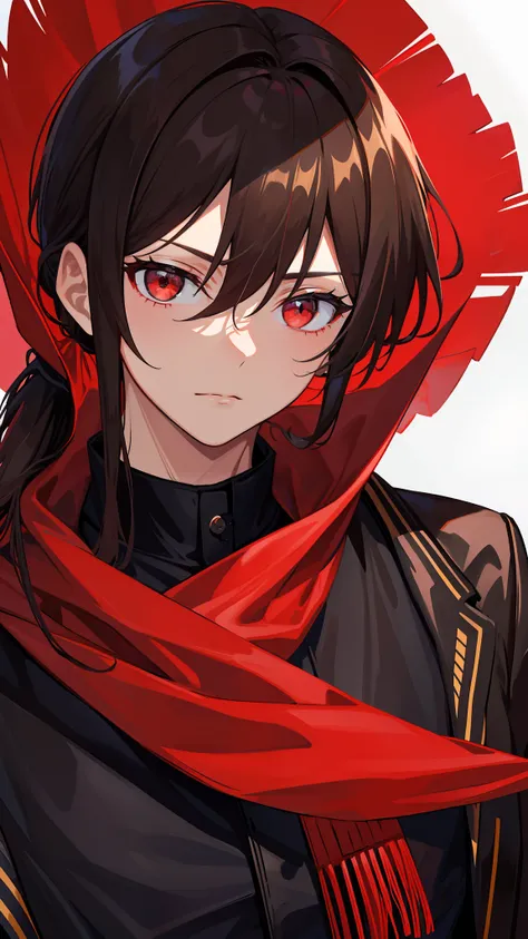 extreme hight detail，dark brown  hair，Boys and men，red color eyes，Long hair shawl，Low ponytail hairstyle，Long black trench coat