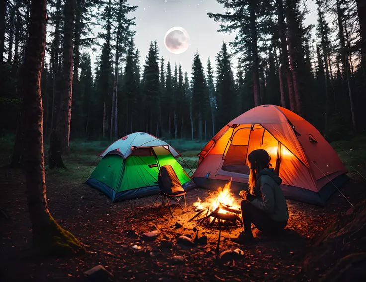 Girl camping alone, in the forest, tent, bonfire, moonlight, delicate and detailed writing, high resolution, 8K, masterpiece