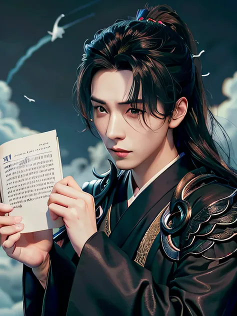 (Positive Focus), (In the Dark), (Best Quality), (Realisticity: 1), Realistic Skin Texture, Highly Detailed, 8k Wallpaper, A Boy, White Hanfu, Black Ponytail Long Hair, Black Hair, Delicate Eye Portrait, Handsome, Fairy Fluttering, Black Taoist Robe, Antiq...