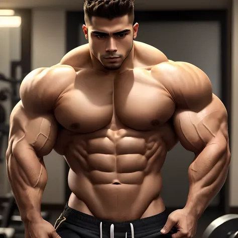 25 year old (Mexican ethnicity) massive muscular bodybuilder with extraordinary biceps pectorals triceps traps, plump, Gigachad