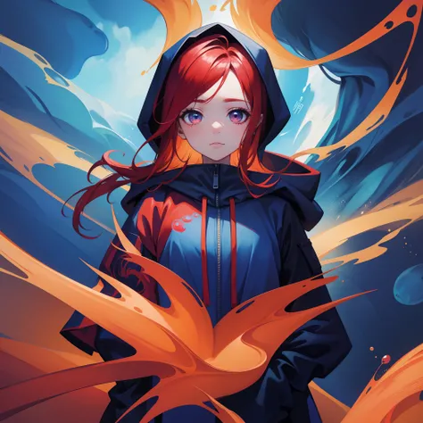 woman with red hair、drooping eyebrows、Big eyes、Dark eyelashes、Blue-based makeup、de pele branca、Forehead、Wear a large hoodie hood、NSFW、Less exposure、aquariums、Colorful jellyfish、（Top image quality:1.4）、（highestdetailed）、Background with＝Vibrant colors:2、（Max...