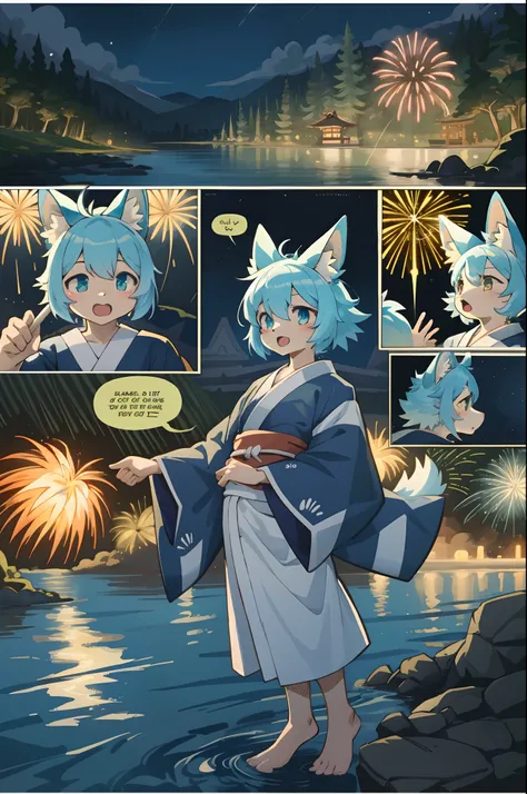 top quality, best quality, highres, masterpiece, super high resolution, detailed background, lake, nigh sky, firework, japanese yukata, 6+boys, 6+girls, absurdres(highly detailed beautiful face and eyes)perfect anatomy, good lighting, cinematic shadow(kemo...