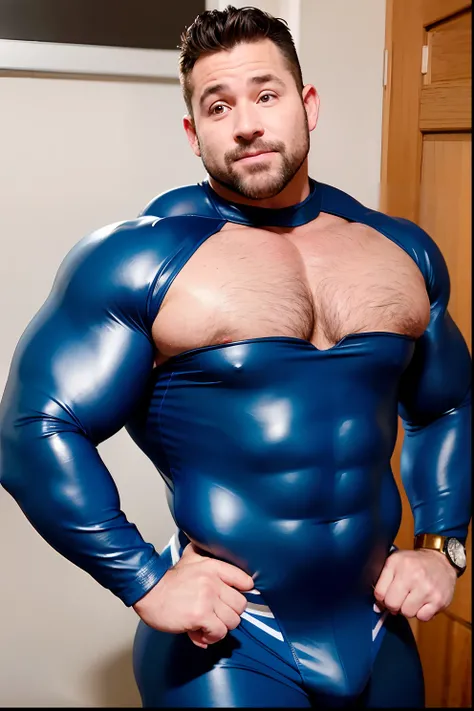 Alafelderd man in blue wrestling suit poses for a photo, robust stocky body, hot daddy, A 35-year-old male, beefy, manbearpig, chunky,300 pounds，strong muscle，adolable，Charming smile profile picture, muscular joe biden, dad bod, he is about 30 years old, h...