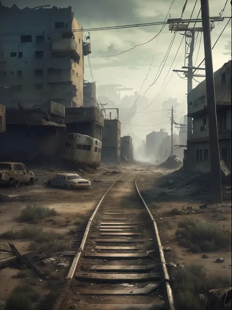 The Araffed train tracks pass through a deserted city，There are buildings, bleak apocalyptic environment, Post-apocalyptic street, Post apocalyptic scenario, post - apocalyptic city streets, post - apocalyptic wasteland, post apocalyptic atmosphere, Post-a...