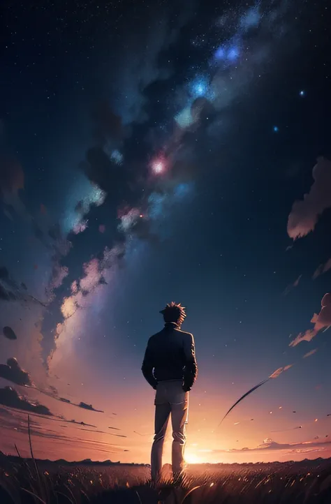 Anime art of a man standing in a field with huge stars in the sky