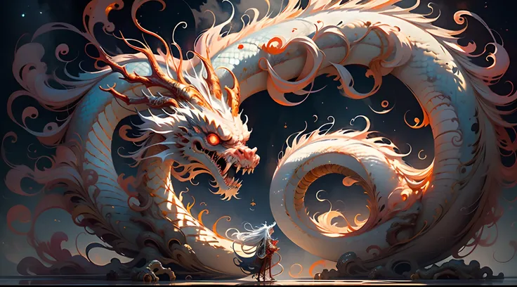 Best quality at best，tmasterpiece，超高分辨率，chinesedragon，（The long：1.2），（finely：1.2），Long hair，dentes pontiagudos，red eyes，teeth，immensity，The bird，exteriors，standing on your feet，Coiled with a hop，hops，​​clouds，banya，from back，armour，Skysky，with her mouth op...