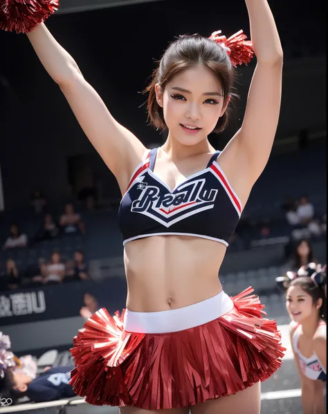 ((top-quality、8K、photographrealistic:1.4、​masterpiece))、Back lighting、highly detailed facial textures women、beautiful japanese female、18year old、(((Bull Cheerleader:1.2)))、((Stadium Background:1.2))、with arms up、super-detaild skin、beautiful make up、A detai...