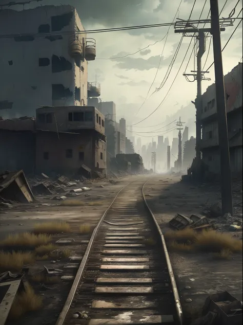 The Araffed train tracks pass through a deserted city，There are buildings, bleak apocalyptic environment, Post-apocalyptic street, Post apocalyptic scenario, post - apocalyptic city streets, post - apocalyptic wasteland, post apocalyptic atmosphere, Post-a...