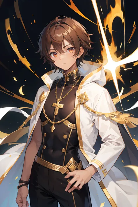 male ,tanned skin ,short brown hair, gold eyes, black priest costume