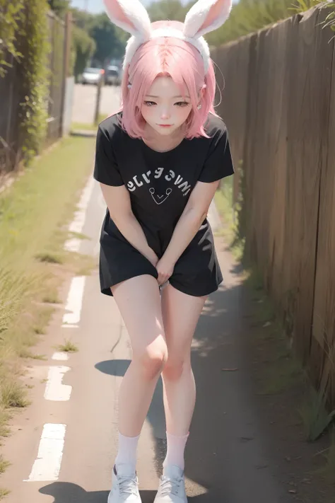 Pink hair, black clothes and white socks，bunnygirl，on yourself，，Shy blush，opening legs，cleanness，Spread your hands，Be bold，Erotic action，Outdoors