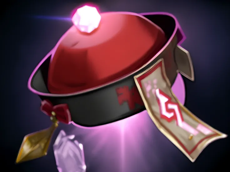 There is a red hat，There is a very bright gemstone on the top of the hat，The rim of the hat is affixed with a symbol symbol，There is a pink light under the hat，Zombie hats