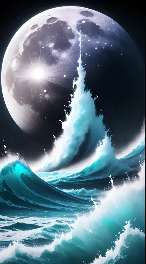 winning artwork，extreme beautiful，8k wallpaper，white moon，perfect compositions，shocking months，the sea