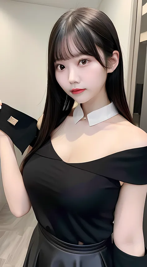 Chinese young woman，Delicate facial features，真实感：1:4，Off-shoulder white shirt，Black tight skirt，Black collar，Faded gray hair，gigantic cleavage breasts：1.2