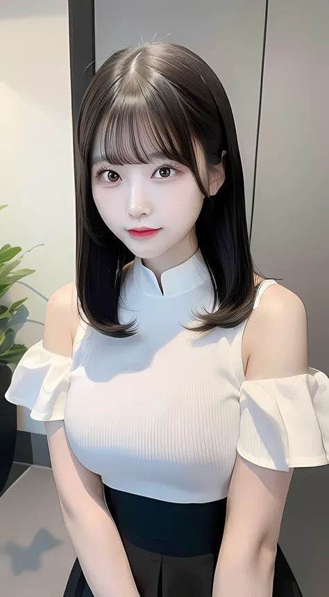 Chinese young woman，Delicate facial features，真实感：1:4，Off-shoulder white shirt，Black tight skirt，Black collar，Faded gray hair，gigantic cleavage breasts：1.2