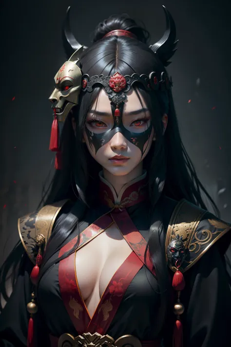 Longhaired Beauty，Tall and tall，Tang dynasty，Ancient China，Red eyes，The eyes are cold and evil，Chinese face，Impeccable，delicated，Ancient Hanfu，period costume，（Background with：Dark and terrifying，Countless ghosts，terroral，thriller）Cursed girl，Chinese horror...