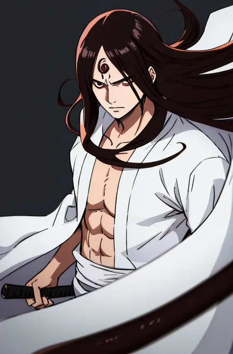 1boy, wanostyle, Madara Uchiha, calm, smooth hair, brown weavy long hair, looking at viewer, solo, upper body, ((masterpiece)), (best quality), (extremely detailed), depth of field, sketch, dark intense shadows, sharp focus, soft lighting, hdr, colorful, g...