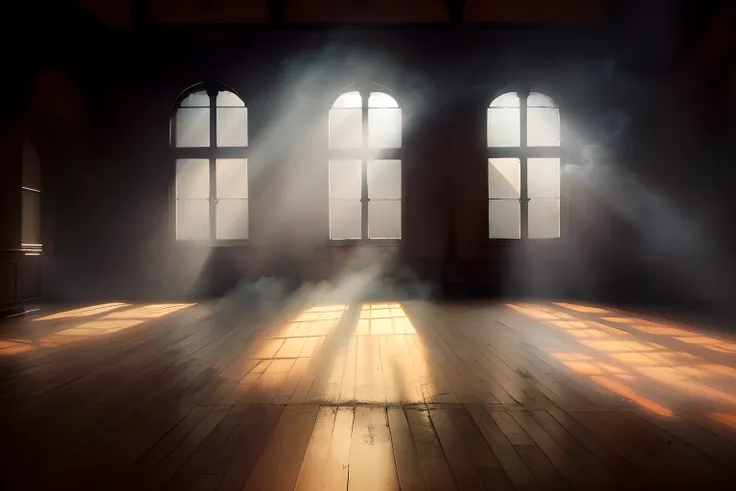 There is a room with three windows and a light coming in, Luz proveniente das janelas, luz vinda das janelas, smoke filled room, Light through windows, sunlight through the windows, Sunlight shining through the windows, dance hall background, Quarto nevoei...