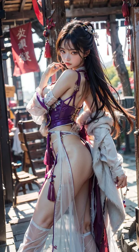 Ancient Chinese architecture，National style beautiful girl，Wear revealing Hanfu，Simple clothing， Minimalist style，Mixed Chinese and American races，The background is blurred out，focal，电影灯光，(((tmasterpiece))), ((best qualtiy)), ((Complex and detailed)), ((ul...