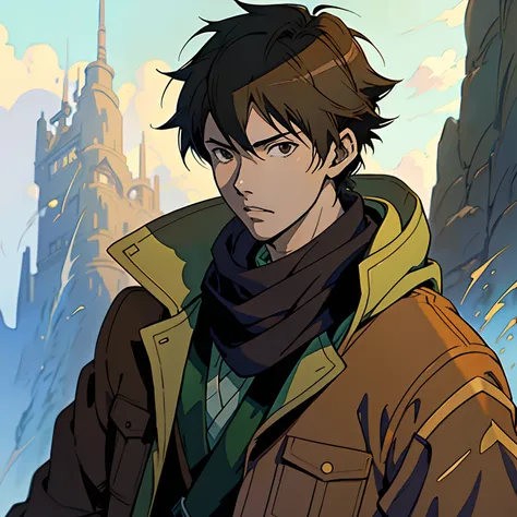 Anime - Stylistic image of a man in a brown jacket and scarf, Anime handsome man, Makoto Shinkai ( apex legends ), Anime portrait of a handsome man, kentaro miura art style, made with anime painter studio, kentaro miura manga art style, makoto shinkai art ...