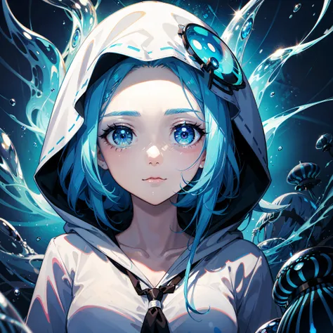 Woman with light blue hair、drooping eyebrows、big eye、Dark eyelashes、Blue-based makeup、de pele branca、Forehead、Wear a large hoodie hood、aquariums、Colorful jellyfish、（Top image quality:1.4）、（highestdetailed）、Background with＝Brightly colored jellyfish、（Maximu...