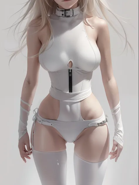 Delicate, high qulity, big breasts beautiful，White long-haired girl，White tight combat suit，Solo photos， Face the lens，Lonely shadows in the dark,Dark cell， Wearing a collar，Belt lock，Holding urine，Extreme desire to urinate，The abdomen is full，Protruding l...