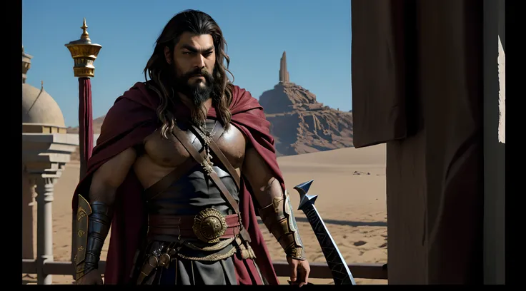 A closeup of a man with a beard and red scarf, jason momoa as assyrian, com barba leonidas, handsome prince of persia, baga fosca, como um personagem de fantasia medieval, guerreiro persa, Raphael Lecoste, Paulo Atreides, karl urban as a dragonslayer, Paul...