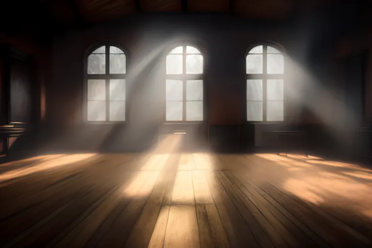 Room with three windows and a wooden floor with a light coming in through the windows, sala, Luz proveniente das janelas, luz vinda das janelas, atmosfera assombrosa, Quarto, Light through windows, ghostly atmosphere, Sunlight shining through the windows, ...