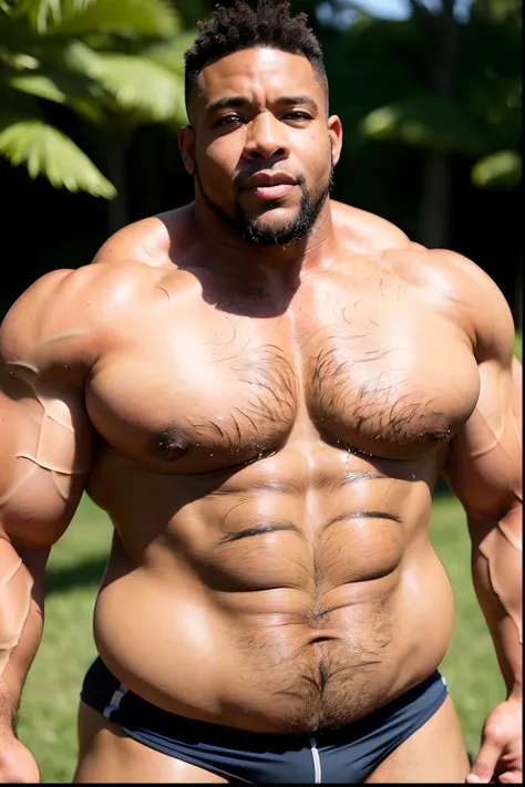 Photo of African American man in rugby uniform, robust stocky body, A 50-year-old male, Anime face，man bear pig,Pink complexion， Short and thick,500 lbs，chunky，strong muscle，Raised sexy，Thick thighs，is shy，perspire，Get wet all over your body，attractive smi...