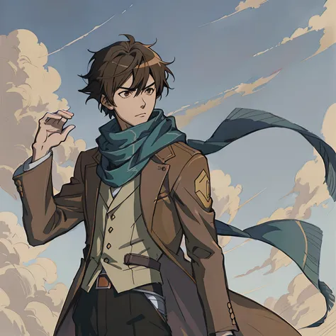 Anime - Stylistic image of a man in a brown jacket and scarf, Anime handsome man, Makoto Shinkai ( apex legends ), Anime portrait of a handsome man, kentaro miura art style, made with anime painter studio, kentaro miura manga art style, makoto shinkai art ...