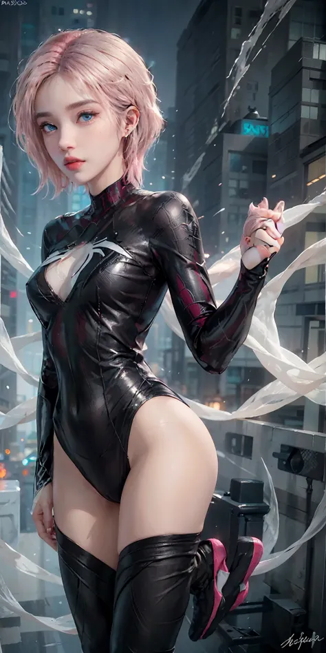 photorealistic, high resolution, soft light,1women, solo, hips up, (detailed face),tattoo, jewelry, Gwen Stacy, ghost spider, gwen in a black outfit with spider in the center of her chest in white, organic looking outfit, tights, superheroes, (full body ph...