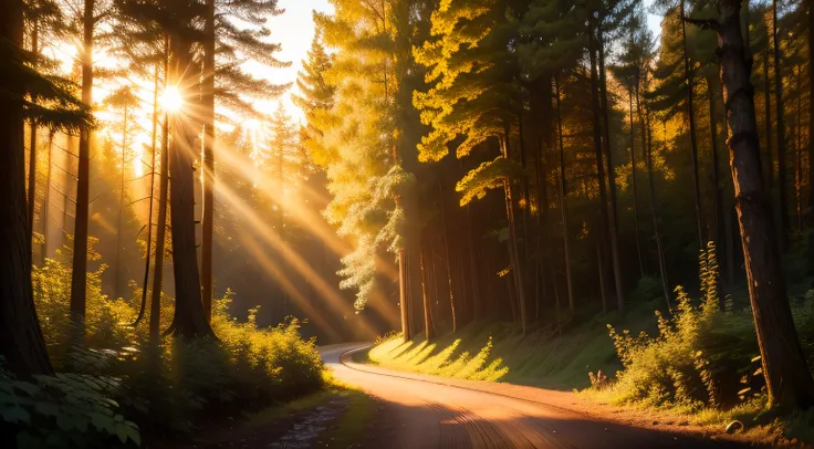 The afterglow of the sunset shines in the woods on a summer evening，There is the Tyndall effect，The sun shines on the leaves，Turns golden yellow