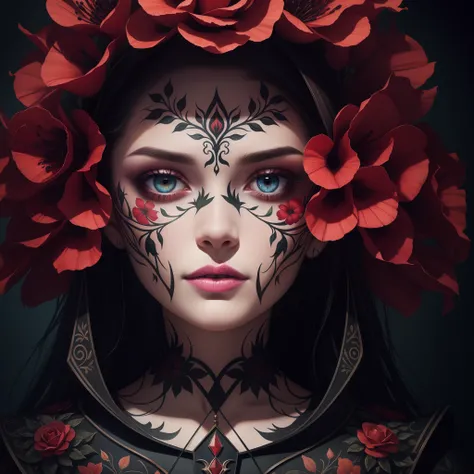 floral, background, sinister, symmetrical, painted-face, fantasy, oil on canvas, color, palette, 8k, hyper-realistic