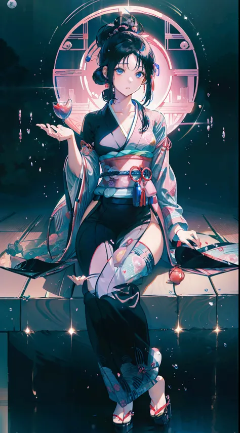 watching at viewers、Background with　Summer Festivals、poneyTail、Woman with shiny black hair、Indigo kimono、Depict a beautiful and graceful woman of Japan。full body Esbian。 beautiful anime artwork, beautiful anime art, Anime art wallpaper 8k, beautiful fantas...