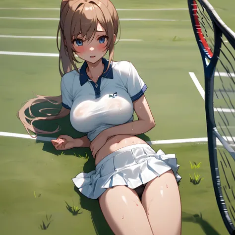 girl with、alone、large full breasts、Sharp body、Detailed eyes、poneyTail、Tennis Wear、a miniskirt、A slender、Smooth thighs、abdominals、white  clothes、A detailed face、Delicate skin、delicate hair、hightquality、realisitic、black panties、lawn、Dripping sweat